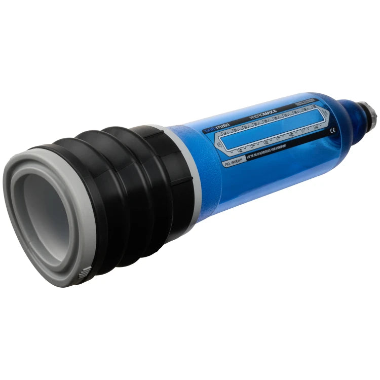 Bathmate - Hydromax 8 penispumppu. Sininen. tuotteen pohja. kuvattuna sivuttain
