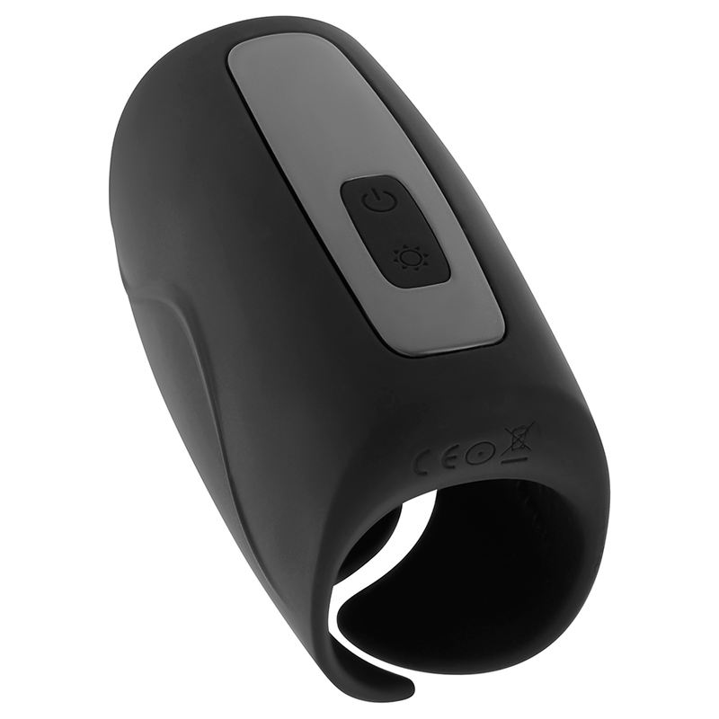 Värinä- ja lämpötoiminnolla varustettu miesten masturbaattori. Kuva play napista.