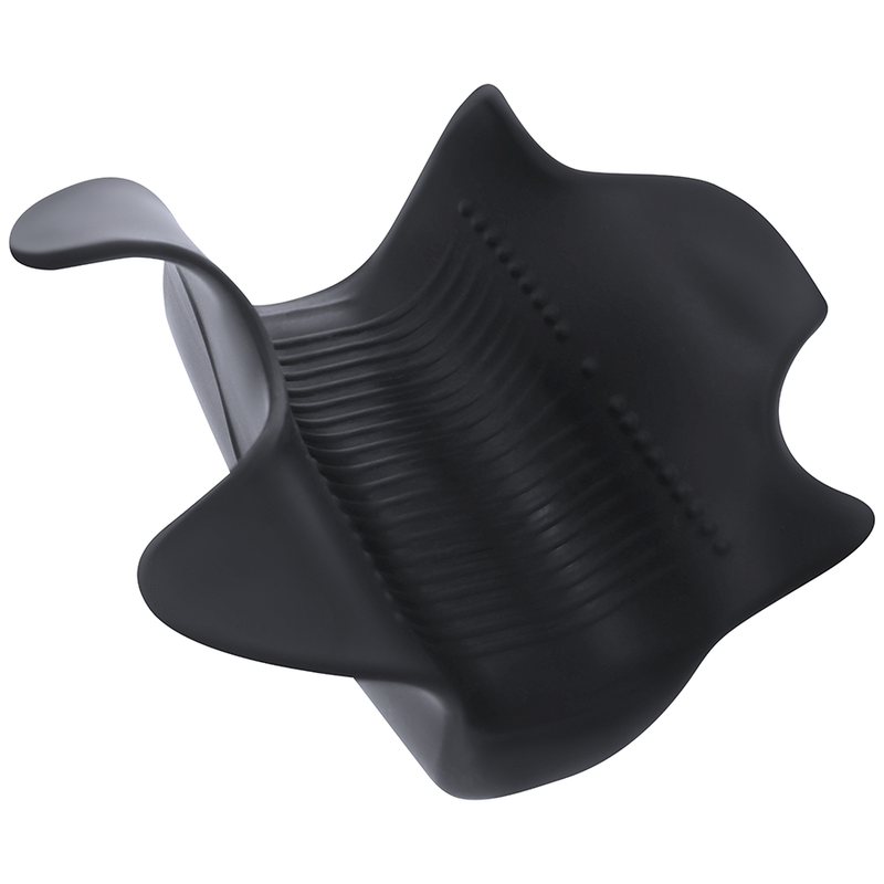 Värinä- ja lämpötoiminnolla varustettu miesten masturbaattori. Kuva levitettynä.